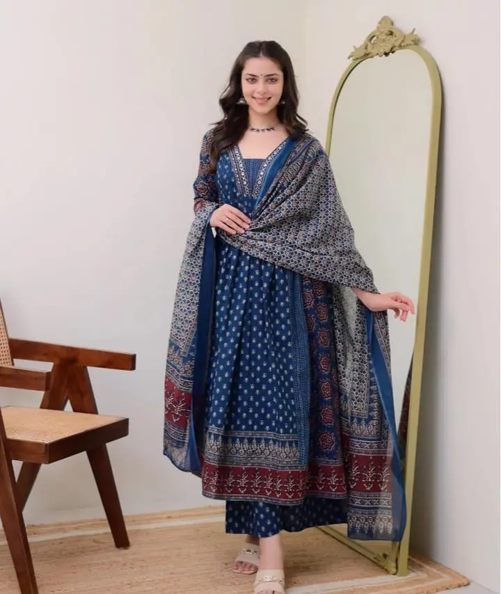 Elegant Blue Printed Cotton Kurta Set with Dupatta – Ethnic Style for Every Occasion